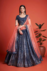 Lehenga Choli en filet brodé à paillettes bleues