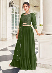Lehenga Choli en imitation georgette brodée de sequins en fil Mahendi
