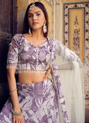 Lehenga Choli en soie écrasée imprimée violette