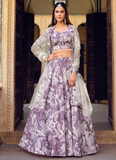 Lehenga Choli en soie écrasée imprimée violette