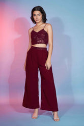 Maroon Georgette Sequins Embroidered Cord Set With Shrug