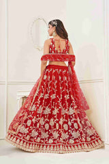 Lehenga Choli brodé à paillettes en filet rouge