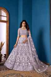 Lehenga Choli brodé à paillettes en filet gris