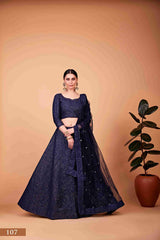 Lehenga Choli brodé en soie bleu marine à paillettes