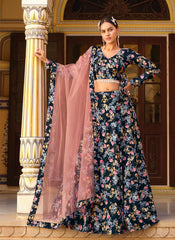 Lehenga Choli en soie bleue à imprimé froissé