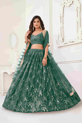 Lehenga Choli brodé à paillettes en filet de papillon vert