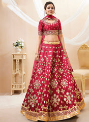 Lehenga Choli brodé en soie rouge à paillettes