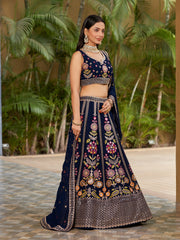 Lehenga Choli brodé en georgette bleu marine à paillettes