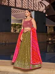 Lehenga Choli brodé en georgette vert olive à paillettes
