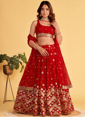 Lehenga Choli brodé en sequins georgette rouge