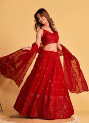 Lehenga Choli brodé en sequins georgette rouge