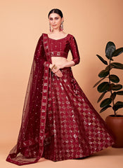 Lehenga Choli brodé à paillettes en soie rouge