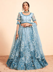 Lehenga Choli brodé en filet Firozi
