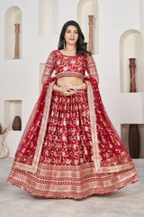 Lehenga Choli brodé en soie tissée Zari Red Dolla