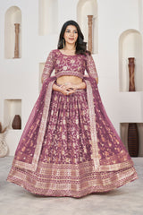 Lehenga Choli brodé en soie tissée Zari Dolla marron rosé