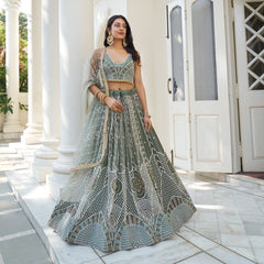 Lehenga Choli brodé en filet de papillon vert poussiéreux