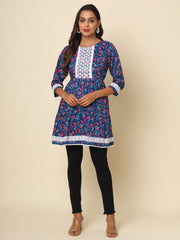 Blue Cotton Printed Lace Tunic