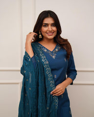 Costume Salwar brodé en viscose bleu sarcelle avec pantalon Dupatta