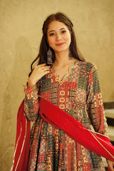 Robe évasée Anarkali à imprimé numérique multi-rayonne