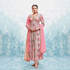 Pink Georgette Printed Naira Cut Gown With Bottom Dupatta