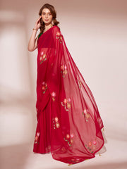 Sari en organza fleuri rouge imprimé au pinceau