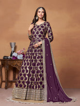Wine Jacquard Embroidered Anarkali Gown With Pant Dupatta