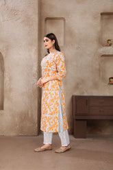 Yellow Cotton Digital Printed Chikankari Kurti With Pant