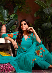 Costume Salwar imprimé en mousseline bleu marine avec broderie en dentelle et pantalon Dupatta