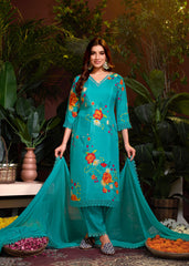 Costume Salwar imprimé en mousseline bleu marine avec broderie en dentelle et pantalon Dupatta