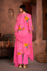 Costume Salwar imprimé en mousseline rose avec dentelle brodée et pantalon Dupatta