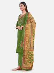 Green Stitched Upada Silk Embroidered Salwar Suit with Pant Printed Dupatta