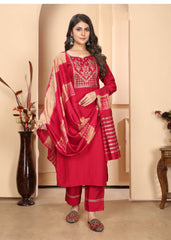 Costume Salwar rouge à broderies verticales en soie avec pantalon Dupatta