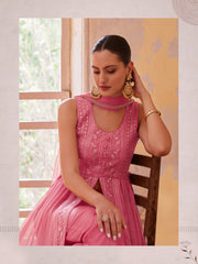 Peach Pink Georgette Thread Sequins Flared Anarakali Gown
