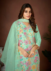 Costume Salwar à imprimé numérique en organza vert de mer avec pantalon Dupatta