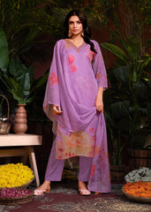 Costume Salwar violet en organza imprimé numériquement à la main avec pantalon Dupatta