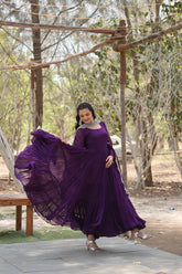Purple Faux Georgette Sequins Embroidered Gown With Dupatta