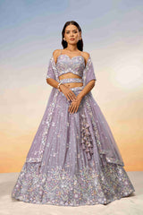 Lehenga Choli brodé en mousseline de soie mauve à paillettes