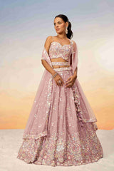 Lehenga Choli brodé en mousseline de soie à paillettes or rose