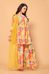 Costume Salwar en viscose chinon jaune imprimé numériquement avec Sharara Dupatta