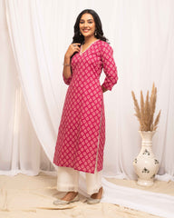 Pink Cotton Printed  Kurti
