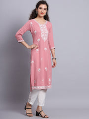 Pink Rayon Lucknowi Chikankari Embroidered  Kurti