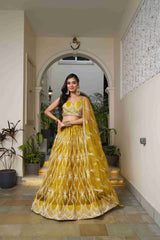 Mustard Net Thread Sequins Embroidered Lehenga Choli