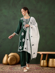 Green Rayon Chikankari Kurti With Pant Dupatta