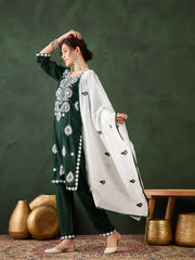 Green Rayon Chikankari Kurti With Pant Dupatta