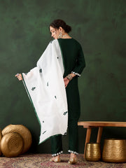 Green Rayon Chikankari Kurti With Pant Dupatta