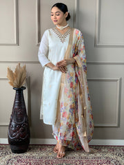 White Viscose Nylon Embroidered Kurti With Pant Dupatta