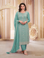Costume Salwar brodé en georgette bleu sarcelle avec dupatta