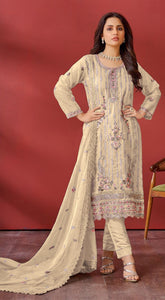 Cream Organza Embroidered Salwar Suit With Dupatta