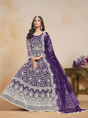 Purple Net Embroidered Anarkali Kurti With Pant Dupatta