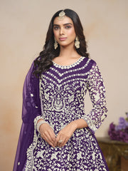 Purple Net Embroidered Anarkali Kurti With Pant Dupatta